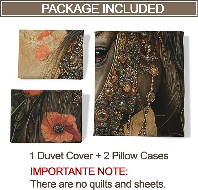 Horse Duvet Cover Queen Size, Poppy Fields Horses Bedding Set 3 Piece Bedroom Decor Vintage Rural Farmhouse Comforter Cover with Zipper Ties & 2 Pillowcases