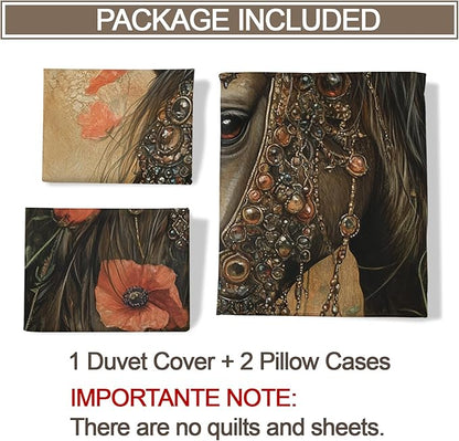 Horse Duvet Cover Oversized King Poppy Fields Horses Bedding Set 3 Piece Bedroom Decor Vintage Rural Farmhouse Comforter Cover with Zipper Ties & 2 Pillowcases