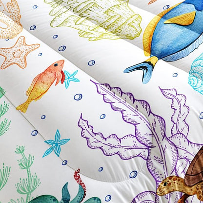 Turtle Comforter Set Full Ocean Watercolor Sea Turtle Bedding Set Tropical Fish Marine Life Bed Set with 2 Pillowcases for Kids Room Decor