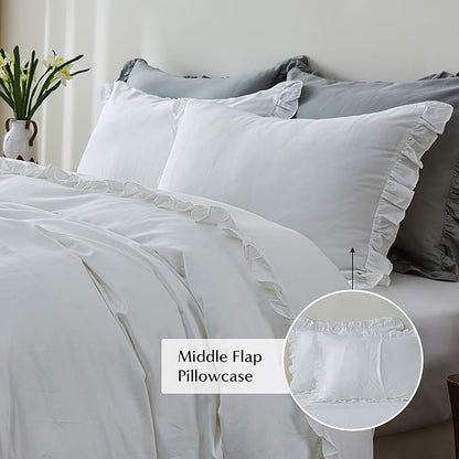 Simple&Opulence Kids 100% Organic Cotton Queen Duvet Cover Ruffle 3Pcs(1 Comforter Cover 2 Pillowcases) Cute Lace Vintage Boho Shabby Chic Farmhouse Bedding Set Teen Girls(White, Queen)