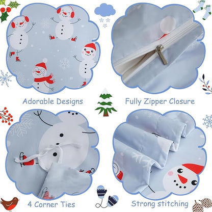 JSD Snowman Kids Duvet Cover Set Twin Size, 2 Piece Blue Printed Christmas Microfiber Comforter Cover with Pillow Sham Zipper Closure, Comforter Not Included