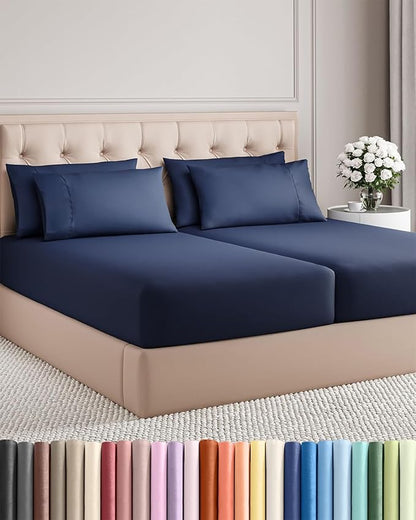 Split King Bed Sheet Set - 7 Piece Split King Bed Sheet Set - Soft Hotel Luxury Bedding - Cooling, Comfy & Breathable - 1 Flat & 1 Fitted & 4 Pillowcases with Deep Pockets - Wrinkle Free - Navy Blue