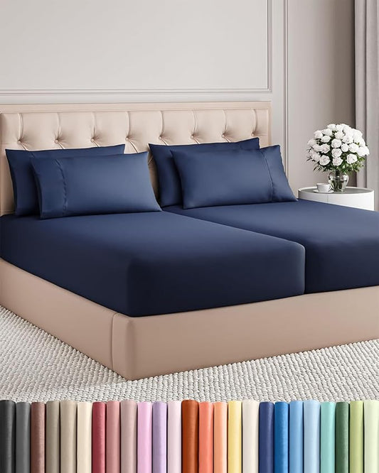 Split King Bed Sheet Set - 7 Piece Split King Bed Sheet Set - Soft Hotel Luxury Bedding - Cooling, Comfy & Breathable - 1 Flat & 1 Fitted & 4 Pillowcases with Deep Pockets - Wrinkle Free - Navy Blue
