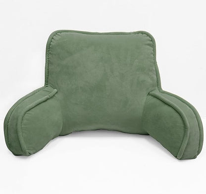 Super Soft Velvety Backrest Reading Bed Rest Pillow with Arms and Pockets 18" H for Sitting in Bed Couch Sofa, Back Support Wedge Cushion with Removable Cover, 20" x 18" x17", Sage Green