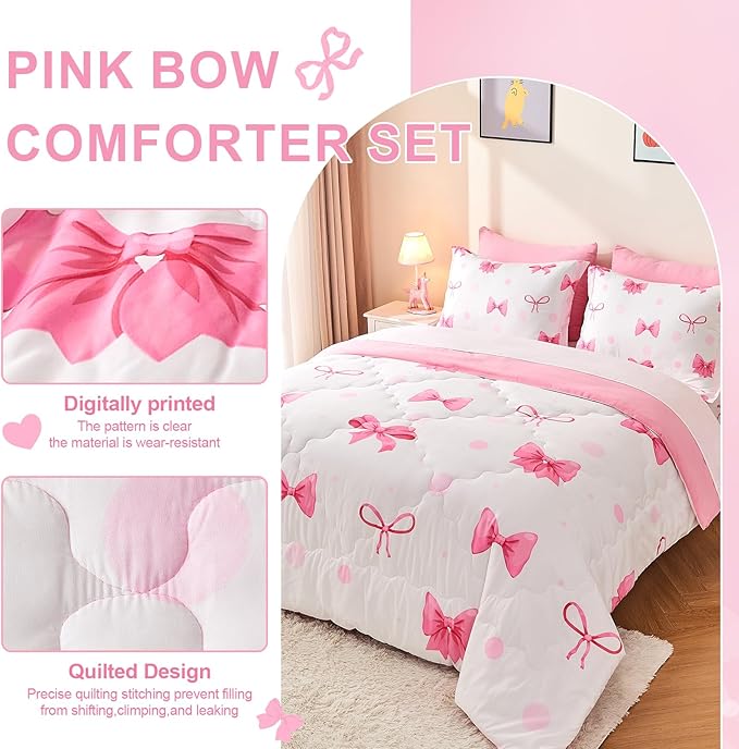 Wajade 7 Piece Pink Bow Bedding Set for Girls Kids Twin Size Comforter Set with Sheet and 2 Pillowcases 2 Pillow Shams Cute Girls Bed in a Bag as Birthday Choice