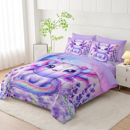 Axolotl Bedding 7 Piece Comforter Set Twin Size,Marine Life Themed Bed Set for Toddlers Girls Room Decor,Cute Kids Bedding with 1 Comforter,1 Flat Sheet,1 Fitted Sheet,4 Pillowcases.