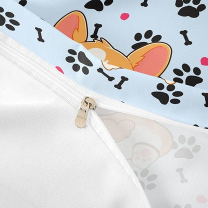 Cute Corgi Duvet Cover Set Twin Size,Cartoon Dog Footprint Bones Bedding Set 2pcs for Kids Boys Girls Room Decor,Smiling Doggy Comforter Cover Family Paw Quilt Cover with 1 Pillowcase,Blue
