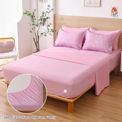 Menghomeus Girls Comforter Set Queen Size 7 Pieces Bed in A Bag Ombre Pink Purple Rainbow Bedding Set Dandelion Butterfly Print Kids Bedding Collections