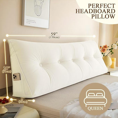 Headboard Pillow Queen, Large Triangular Wedge Headboard Pillow for Reading and Resting, Backrest Positioning Support Pillow with Removable Cover (Cream)