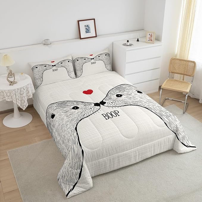 Castle Fairy Cute Enhydra Lutris Comforter Set,Cartoon Sea Animals Bedding Set for Kids Girls Women,Adults Sea Otter Couple Comforter,Lover Theme Quilted Duvet Set Bedroom Collection Twin Size 2Pcs