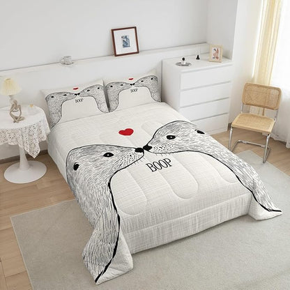 Castle Fairy Cute Enhydra Lutris Comforter Set,Cartoon Sea Animals Bedding Set for Kids Girls Women,Adults Sea Otter Couple Comforter,Lover Theme Quilted Duvet Set Bedroom Collection Twin Size 2Pcs