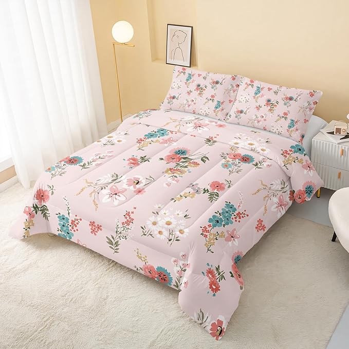 QOOMO Floral Comforter Full Size,Pink Floral Kids Comforter Set,3Pcs Bedding Set Printed Comforter with 2 Pillowcases,Down Alternative,Soft and Lightweight,for All Seasons