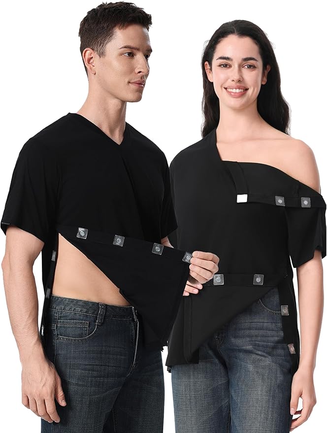 Magnetic Buttons Post Shoulder Surgery Recovery Shirt for Men V-Neck Tear Away Adaptive Chemo Port Clothing for Women