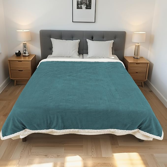 Electric Heated Blanket Twin Size 62"x84" - Dual-Sided with Microplush & Sherpa Fabric, 4 Heat Settings & 10 Hours Auto Off, Machine Washable - Teal Green