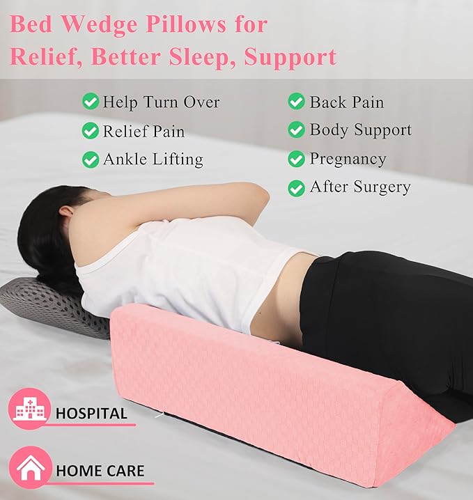 Bed Wedge Pillow for Side Sleeping Foam Filled Body Positioning Triangle Pillow Suitable for Pregnancy and Surgery Prevent Bed Sore for Leg and Back Support with Pillow Case (Light Pink)