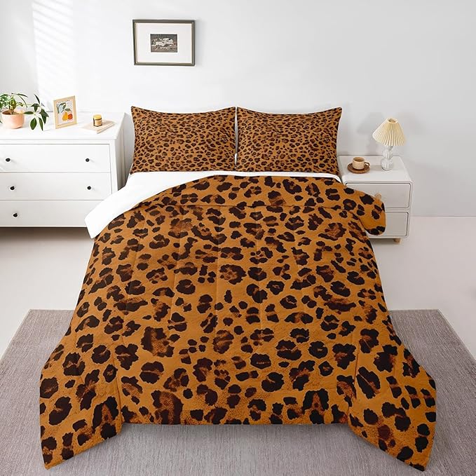 Feelyou Leopard Comforter Set Full Cheetah Comforter for Boys Girls Teens Animal Print Bedding Set Breathable Safari Duvet Set Room Decor Dark Orange Quilt Set