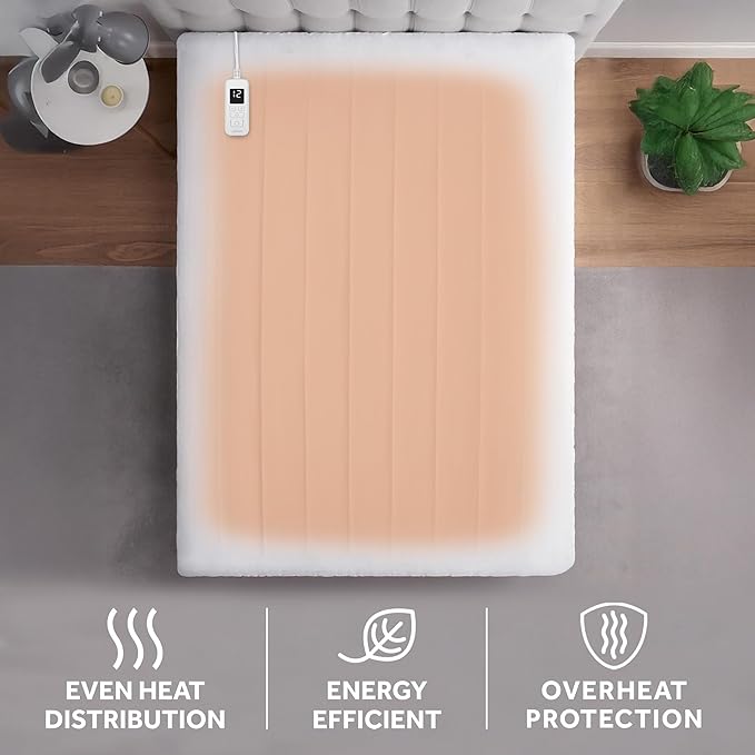 Sunbeam Electric Restful Quilted Heated Mattress Pad Full 75" x 54" 12 Heat Settings 12-Hour Auto Shut-Off Extra-Cozy Fabric Deep Pocket Fit Machine Washable