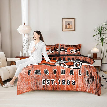 Erosebridal 7Pcs Gridiron Bed in A Bag King Size Cincinnati Bedding Set Sports Room Decor for Men Women Football City Sports Decor Comforter Sets with Sheets Retro Watercolor Grunge Rugby Bed Set
