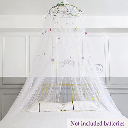 FIOBEE Bed Canopy for Girls Room Bed Canopy Curtains with Led Lights Mosquito Net DIY Princess Room Décor with Stars Butterflies for Kids Bedroom, White