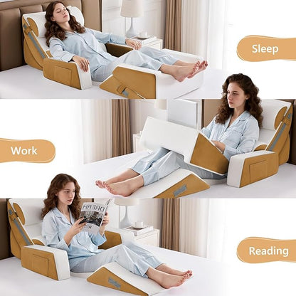 9PCS Wedge Pillow Set for After Surgery Recovery, Adjustable Memory Foam Neck Pillow, Foam Leg Pillow, Relieves Neck, Leg Pain, Sleep Apnea, and Functions as a Reading Pillow Brown