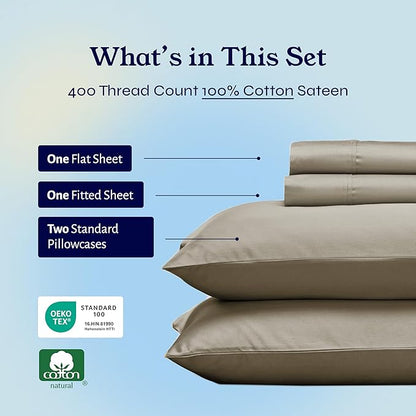 California Design Den Full Size Bed Sheets Set - Soft 400 Thread Count Sateen, Natural 100% Cotton Sheets with Deep Pockets, Breathable, and Durable Bedding Set - Taupe