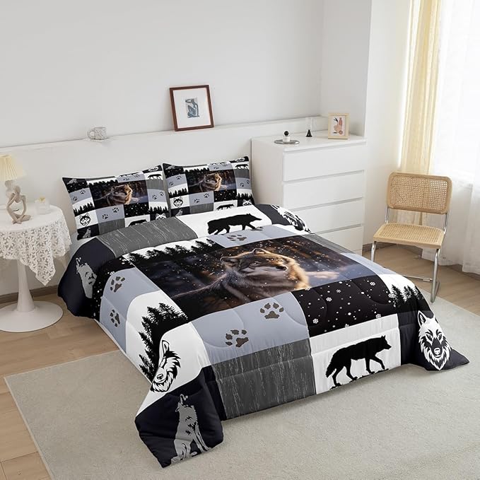 Feelyou Rustic Comforter Set King Size Woodland Wolf Comforter for Boys Girls Teens Wolf Paws Print Bedding Set Wild Adventure Teens Duvet Set Room Decor Pine Trees Quilt Set