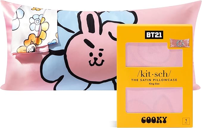 Kitsch x BT21 Satin Pillowcase with Zipper – Better Than Silk Pillowcase, Cooky Character & Funky Floral Print – Soft Cooling Toddler Bed Time Pillow Case for Hair & Skin – King Size 19x36