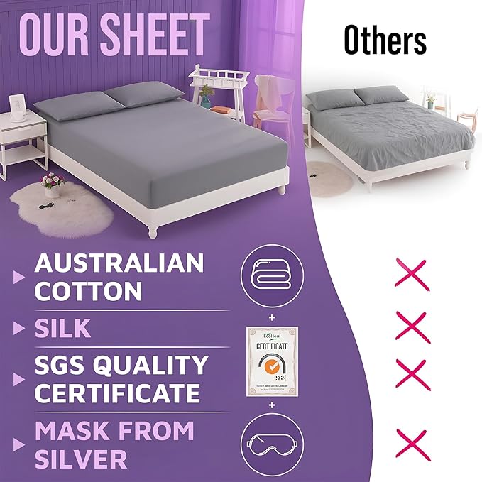 Luxury Grounding Sheets Queen 22% Silver Fiber, 74% Cotton, 4% Silk, SGS Quality Certified Grounded Well Bed Sheet - Conductive Earth Fitted Sheet for Better Sleep, Grey