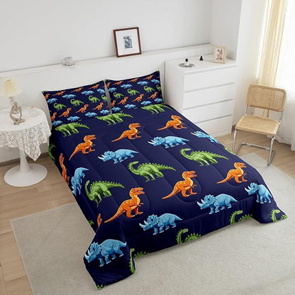 Feelyou Cartoon Dinosaur Bedding Set Queen, Dark Blue Dinosaur Comforter Set for Kids Dinosaurs Print Comforter Boys Girls Jungle Dino Duvet Set Breathable Bedroom Decor with 2 Pillow Case