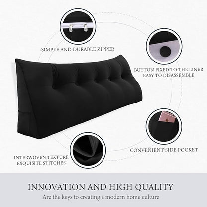 Headboard Pillow - 3 in 1 Large Bed Pillow as Wedge Reading Pillow, Large Couch Daybed Pillow or Positioning Support Backrest Back Cushion for Sitting in Bed Velvet Twin Black