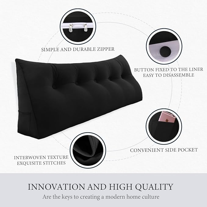Headboard Pillow - 3 in 1 Large Bed Pillow as Wedge Reading Pillow, Large Couch Daybed Pillow or Positioning Support Backrest Back Cushion for Sitting in Bed Velvet Queen Black