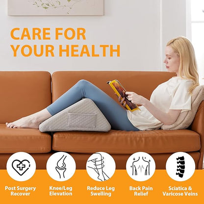 Knee Pillow for Back Sleeping, 8” Knee Wedge Pillow to Elevate Knee, Leg Pillow for Back Pain Relief, Triangle Pillow, Leg Elevation Pillows for After Surgery, Blood Circulation, Grey