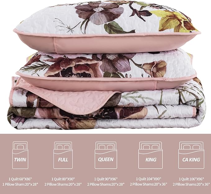 Drucon Floral Quilt Set King 3 Pieces Boho Blush Quilt Coverlet Set Soft Microfiber Lightweight Colorful Floral Quilted Bedspread for All Season 104"x90"