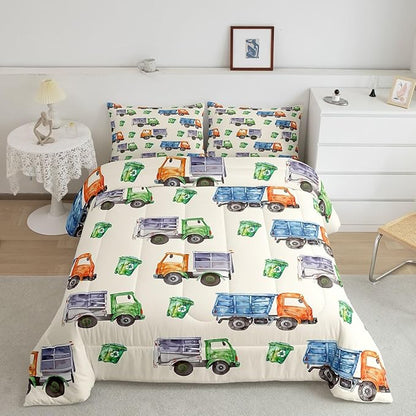 Erosebridal Garbage Trucks Comforter Set Full 3Pcs Retro Watercolor Garbage and Trash Truck Bedding for Boys Girls Refuse Classification Trash Vehicles Duvet Set with 2 Pillow Cases