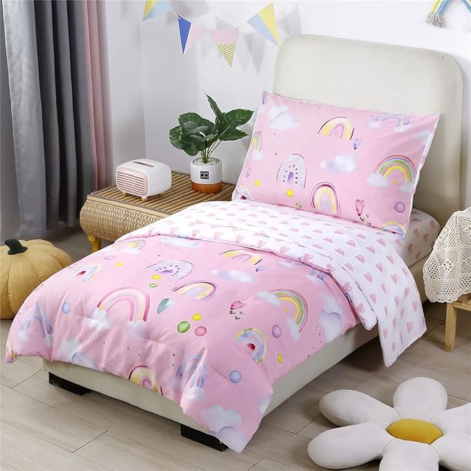 URBONUR 4-Piece Toddler Bedding Set - Ultra Soft Colorful Rainbow Cloud Pink Girls Toddler Comforter Set - Include Comforter, Flat Sheet, Fitted Sheet and Reversible Pillowcase