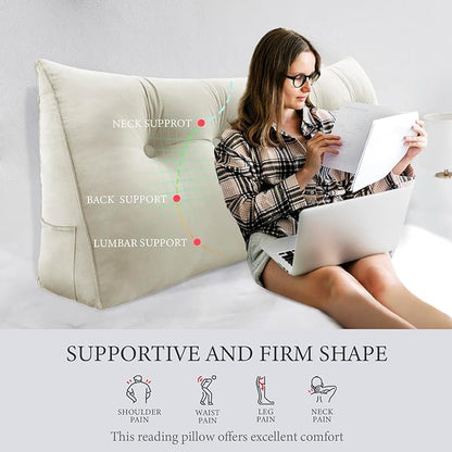 10 lbs Thickened Full Headboard Pillow for Sitting Up in Bed, Back Support Reading Pillow with Side Pocket and Velvet Removable Cover, Triangular Large Wedge Headboard Pillow
