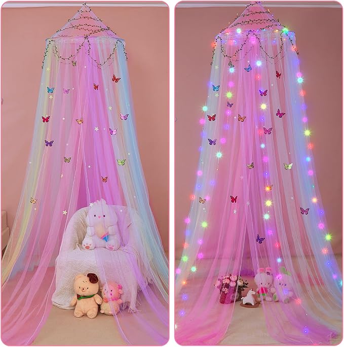 FIOBEE Bed Canopy for Girls Room Bed Canopy Curtains with Led Lights Mosquito Net DIY Princess Room Décor with Stars Butterflies for Kids Bedroom, Multi-Color