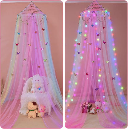 FIOBEE Bed Canopy for Girls Room Bed Canopy Curtains with Led Lights Mosquito Net DIY Princess Room Décor with Stars Butterflies for Kids Bedroom, Multi-Color