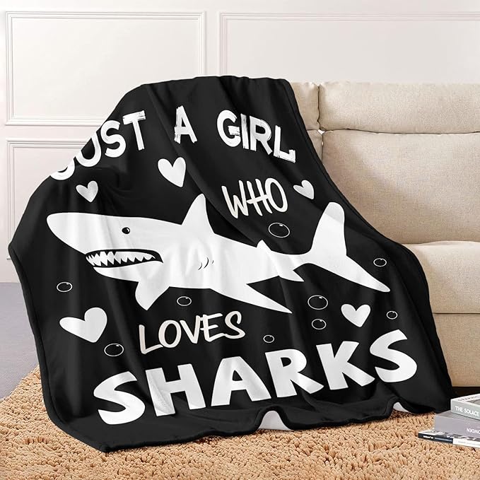 Shark Lover Blanket, Just A Girl Who Loves Sharks Blanket, Soft Warm Cozy Fleece Throw, Gifts for Girls Women Kids, 50"x60", Black