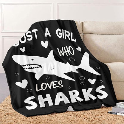 Shark Lover Blanket, Just A Girl Who Loves Sharks Blanket, Soft Warm Cozy Fleece Throw, Gifts for Girls Women Kids, 40"x50", Black