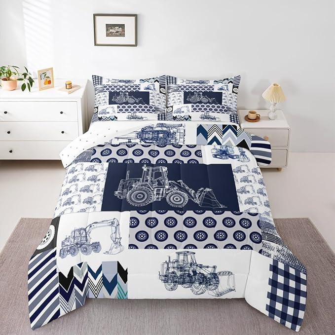 Feelyou Kids Construction Comforter Set King Size Equipment Trucks Bedding Set for Boys Cartoon Car Excavator Tractor Comforter Construction Vehicles Plaid Grid Blue and White Duvet Set