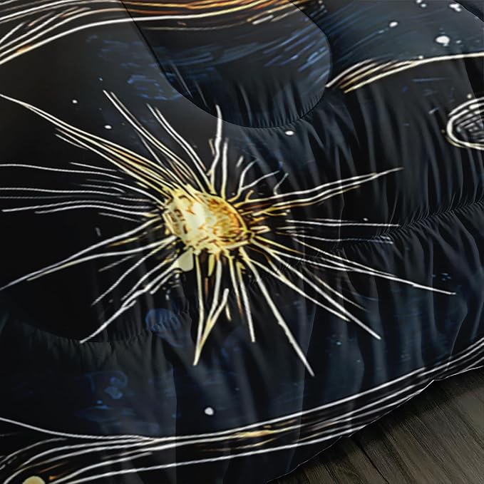 Sun and Moon Bedding Set King Size,Yellow Galaxy Celestial Bedding for Kids Boys Girls Teens Room Boho Decor,Black and Yellow Fluffy Comforter Sets with 2 Pillowcases.