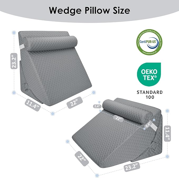 Bed Wedge Pillow for Sleeping, 3PCS Wedge Pillow Set for After Surgery, Adjustable 7 &12 inch Pillow Wedges for Acid Reflux Relief, Back Pain Relief, Sleep Apnea, Sitting Up, Headboard (Grey)