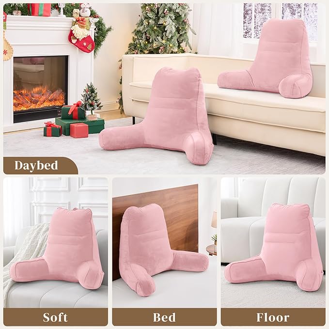 Sasttie Reading Pillow for Bed - 23 Inch, Back Pillow for Bed Sitting Up, Back-Rest Support Cushion with Side Pockets and Arms, Dorm Essentials, Oeko-Tex Certified, Light Pink