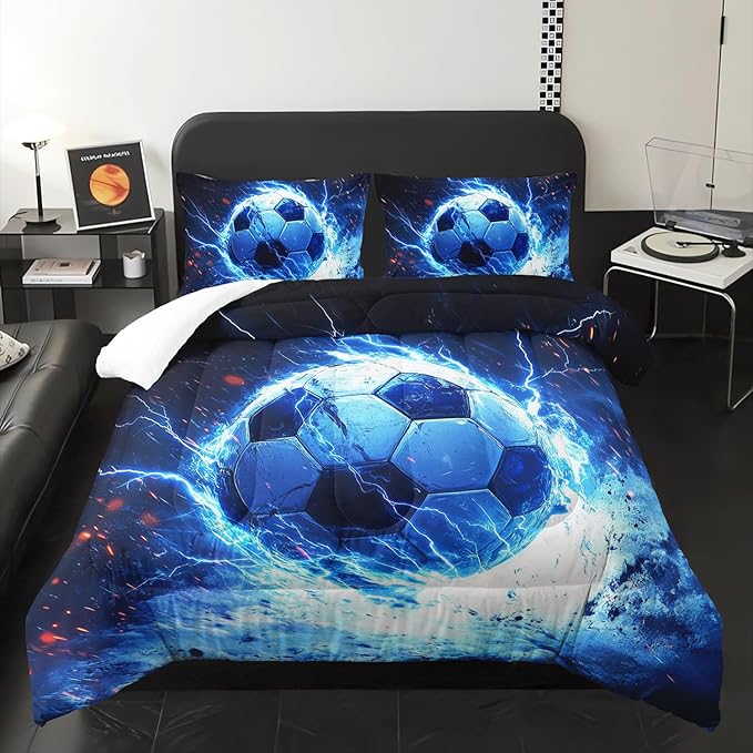 Soccer Print Comforter 3Pcs Queen Ball Sport Football Bedding Set for Kid Teen Girl Boy Adult Sports Games Soccer Blue Lightning Thunderstorm Quilt Room Decor with 1 Comforter and 2 Pillowcases