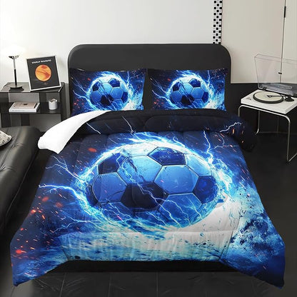 Soccer Print Comforter 3Pcs Queen Ball Sport Football Bedding Set for Kid Teen Girl Boy Adult Sports Games Soccer Blue Lightning Thunderstorm Quilt Room Decor with 1 Comforter and 2 Pillowcases