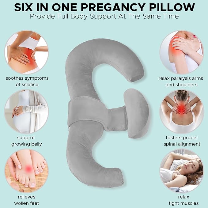 Pregnancy Pillows for Sleeping, E Shaped Maternity Pillow for Pregnant Women with Adjustable Wedge Pillow, 48 Inch Full Body Memory Foam Pillow for Side Sleeping with Washable Cover, Grey Velvet