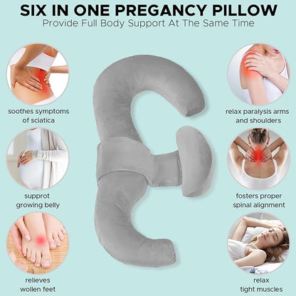 Pregnancy Pillows for Sleeping, E Shaped Maternity Pillow for Pregnant Women with Adjustable Wedge Pillow, 48 Inch Full Body Memory Foam Pillow for Side Sleeping with Washable Cover, Grey Velvet