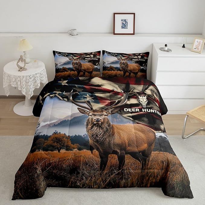 Deer Hunt Comforter Set King Size American Flag Bedding Set 3pcs for Kids Boys Teens Men Bedroom Decor Skull Antlers Nature Animals Quilt Set Rustic Retro Duvet Insert,2 Pillowcases