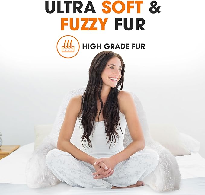 Cheer Collection Fluffy Reading Pillow Chair - Shaggy Hair Chair Pillow with Arms for Bed & Couch, White